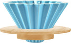 Ceramic Coffee Dripper Pour Over Coffee Maker with Wood Stand Elegant Flower Shape V60 Filter (blue)