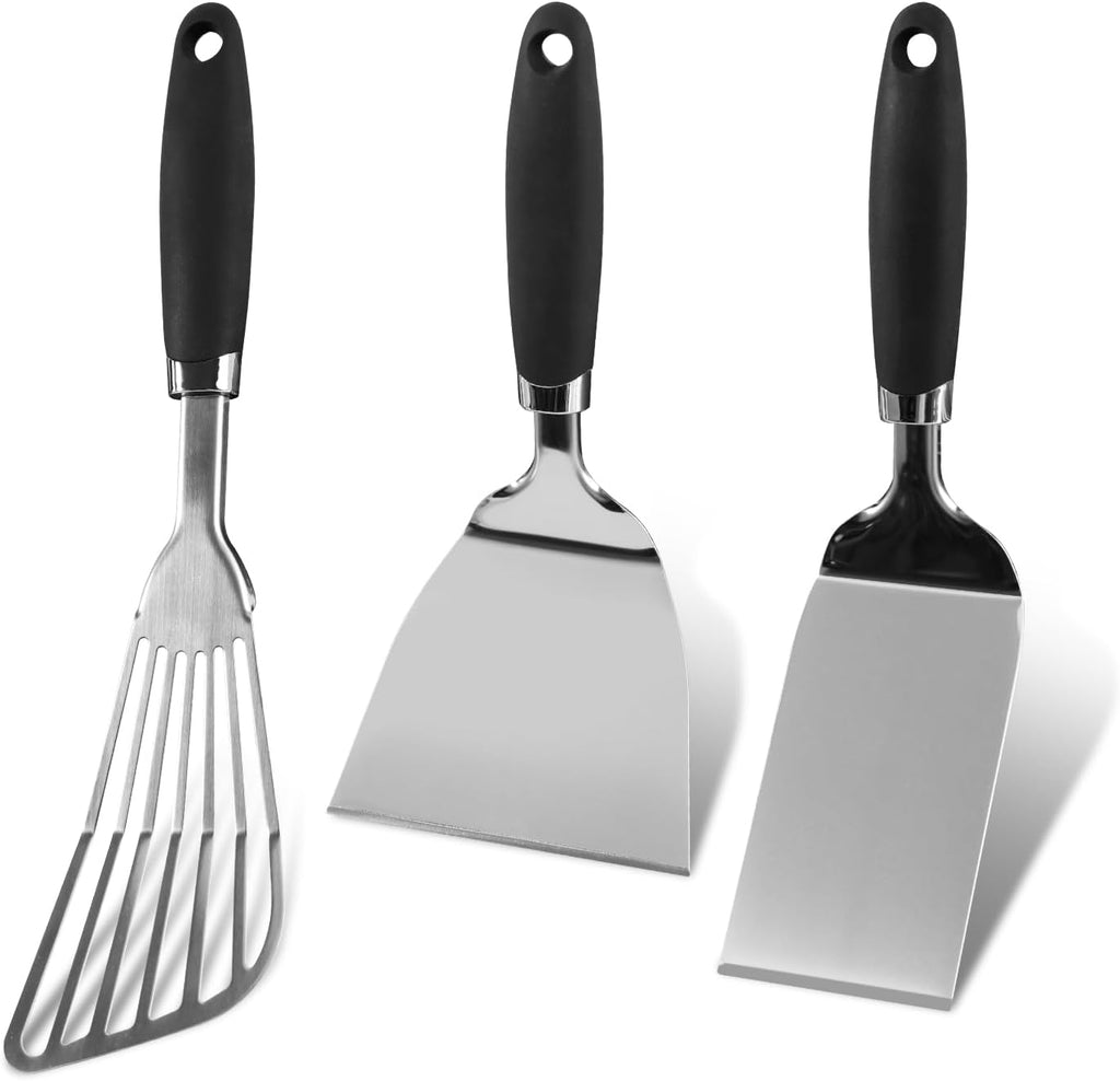 Stainless Steel Spatula Set of 3, Heavy Duty Small Metal Spatula for Cooking Cast Iron Skillet with Heat-resistant Handle, Fish Turner Flipper for Pancake Burger Egg Cooking Spatulas BBQ Grill Griddle