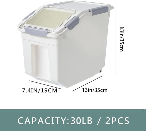 30Lbs 2 Pack Food Storage Container with Scoop, Airtight Rice Storage Bins Flour Containers Pet Food Dispenser with Handle & Wheels, Plastic Kitchen Pantry Organization for Cereal Baking Supplies