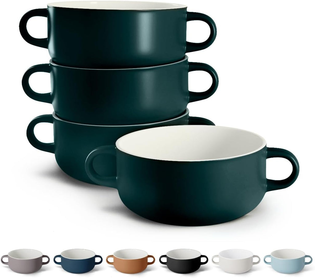 Kook Soup Crocks, Ceramic Bowls, Broil, Oven, Microwave and Dishwasher Safe, with Handles, For Casserole, Pasta, Cereal, 18 oz, Set of 4 (Hunter Green)