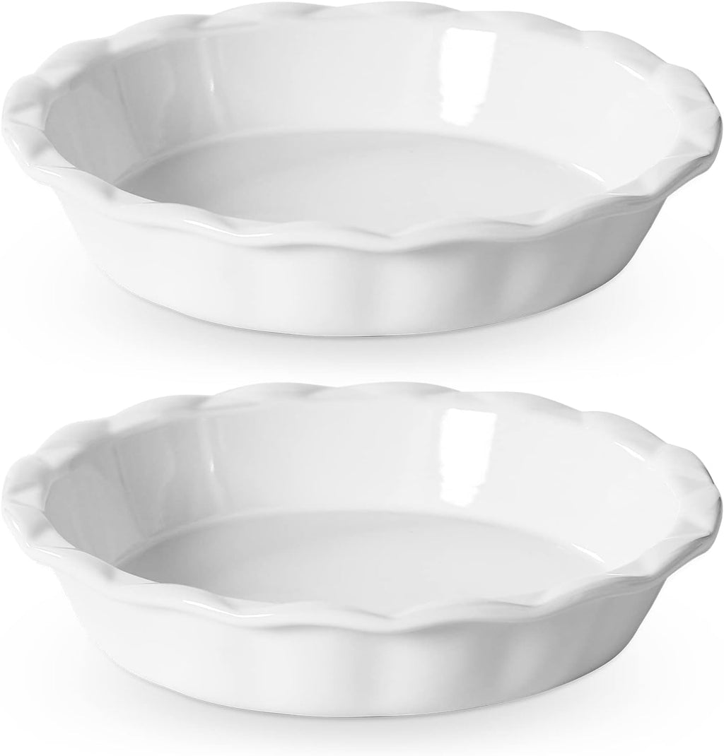 Lareina Ceramic Pie Pans for Baking, 9 Inch Deep dish pie plates with Ruffled Edge for Apple Pie, Durable Pie Dish, Non-Stick, Oven & Dishwasher Safe, Set of 2, White