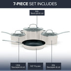 Nuwave Healthy Duralon Blue Ceramic Nonstick Coated 7pc Cookware Set, Scratch-Resistant Diamond Infused, PFAS Free, Induction Ready & Evenly Heats, Oven Safe, Tempered Glass Lids