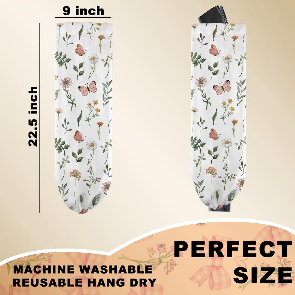 Boho Floral Plastic Bag Holder, Wall Mount Trash Bag Holder, Rustic Butterfly Large Reusable Grocery Bags Storage Dispenser for Home Kitchen Pantry Farmhouse, Flower Gifts for Women, 22.5x9 Inch
