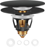 Universal Bathroom Sink Stopper in Brass, 1.04-1.97 Inch Pop Up Basin Sink Drain Stopper, Sink Drain Strainer with Anti Clogging Filter Hair Catcher, Large Lid Black