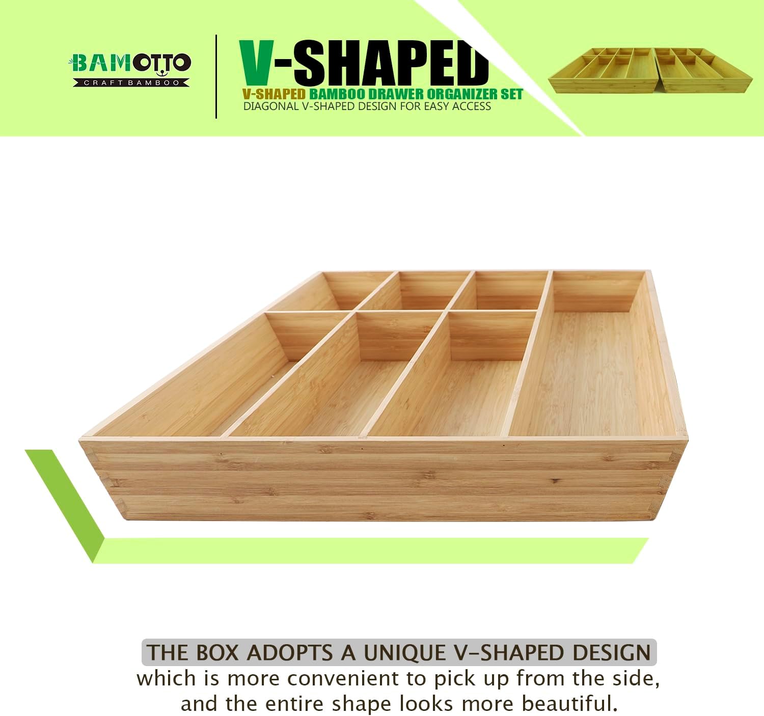 V-Shaped Extra Large Bamboo Drawer Organizer Set of 2, Kitchen Cutlery Tray Utensil Plate, Flatware&Silverware Storage Box, Wood Organizer for Bedroom, Living Room (19.6"x14.6" & 19.6"x12.4")