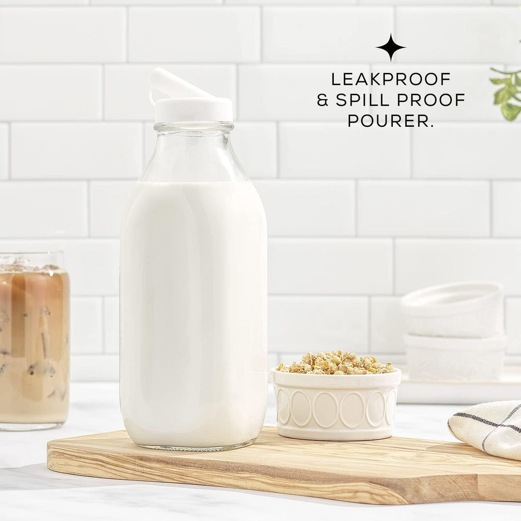 JoyJolt Glass Milk Bottles with Lids and Pourer – 32 Oz, 3 Pack Airtight Heavy Duty Reusable Glass Bottles, Leakproof, BPA-Free, Food Grade, Dishwasher Safe Jug, Pitcher for Milk, Juice, and Water
