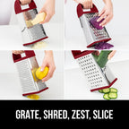 GORILLA GRIP 4-Sided 100% BPA-Free Cheese Grater With Container, Stainless Steel XL Box Graters, Parmesan Shredder, Grate Cheeses, Shred Veggies, Slip Resistant Handle, Dishwasher Safe Zester, Red