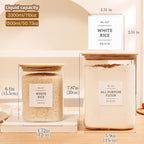 2 Pack large Square Glass Flour and Sugar Containers with 132 Kitchen Pantry Labels - 110 floz & 51 floz - Glass Jars with Airtight Bamboo Lid - Glass Rice Canisters for Coffee, Pasta, Cookie, Cereal