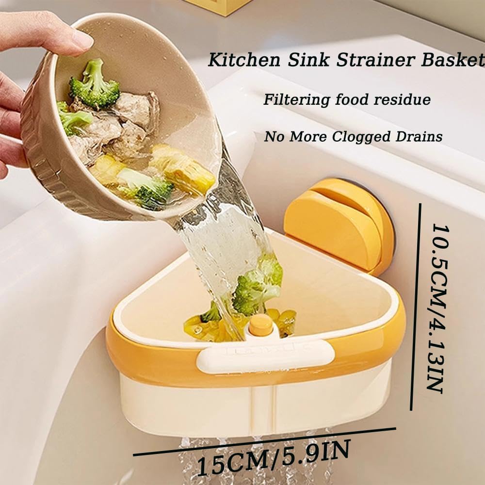 Suction Cup Sink Corner Rack, 2025 New Upgraded Sink Strainer Basket, Automatic Dumping Sink Strainer Basket, Triangular Sinks Basket Shelf with Suction Cup Sucker (Yellow)