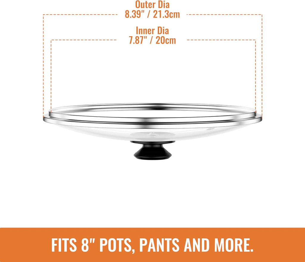 8 Inch Pan Lid For Pots Pans and Skillets, Cast Iron Skillet Lid, Tempered Glass Pan Lids Replacement, Pot Covers for Cooking, Wok, Crock Pot Lid with Stainless Steel Rim, Frying Pot Lids Only