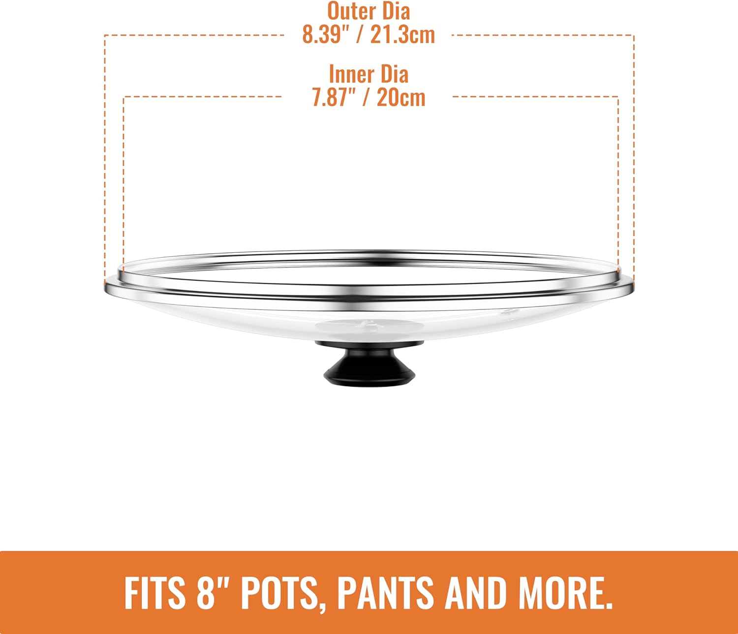 8 Inch Pan Lid For Pots Pans and Skillets, Cast Iron Skillet Lid, Tempered Glass Pan Lids Replacement, Pot Covers for Cooking, Wok, Crock Pot Lid with Stainless Steel Rim, Frying Pot Lids Only