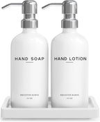 White Glass Soap and Lotion Dispenser Set by Brighter Barns - Bathroom Soap Dispenser Set Tray - Liquid Hand Soap Dispenser Pump - Modern Bathroom Accessories for Guest, Hotel, Spa, Restaurant (White)