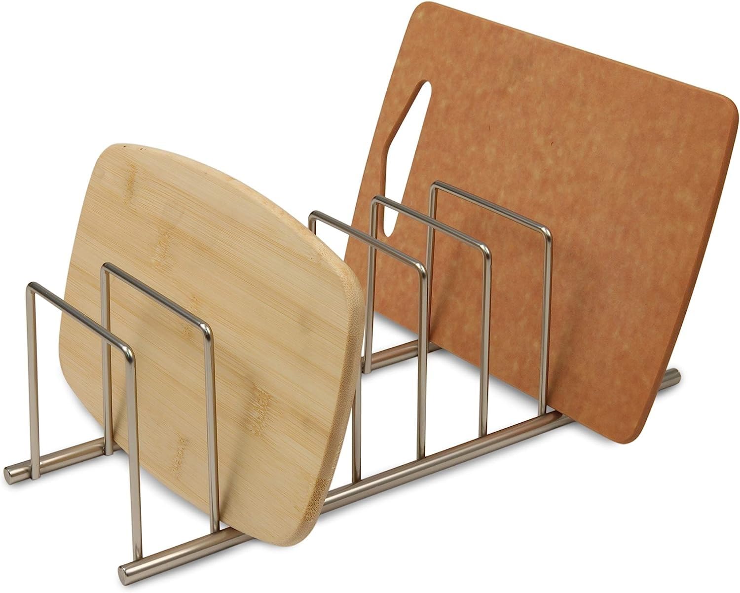 Spectrum Euro Cutting Board Holder Stand for Countertop or Inside Kitchen Cabinet Organization Satin Nickel, 8 Slot Cutting Board Drying Rack or Cabinet Plate Bakeware Storage Organizer