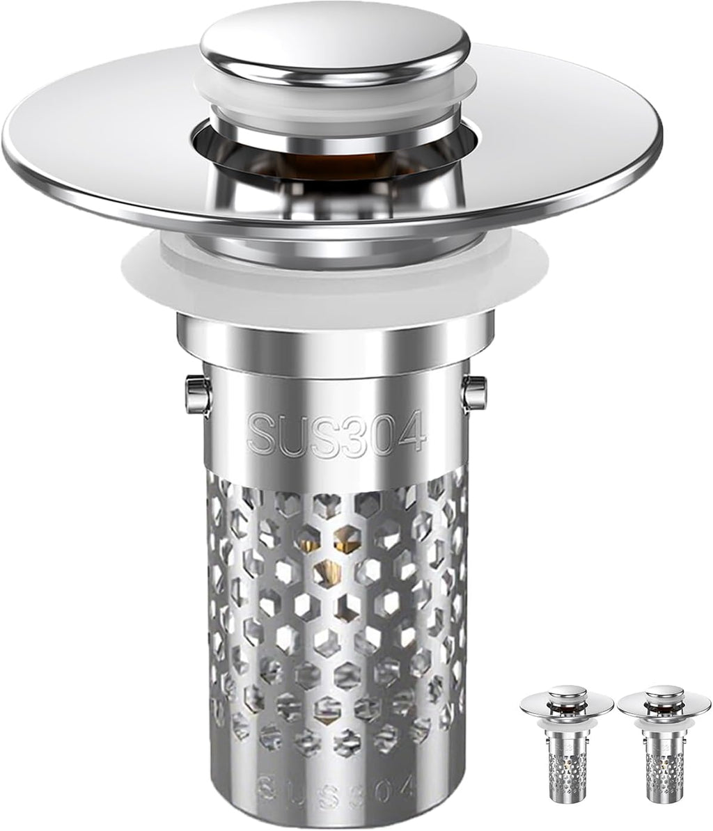 Sink Stopper Hair Catcher, Pop-up Sink Drain Strainer with Removable Stainless Steel Strainer Basket Hair Catcher, Bathroom Sink Strainer for Bathroom Sink Stopper Replacement (New-2PCS)