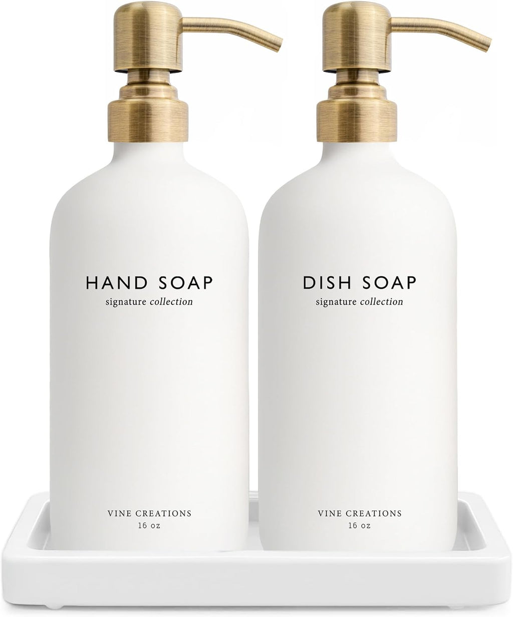 Vine Creations Glass Soap Dispenser Set, Kitchen Soap Dispenser Set with Ceramic Tray, 16 oz Dish Soap and Hand Soap Dispenser Set with Stainless Steel Pump Decor (White Bottle/Brushed Brass)