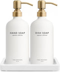 Vine Creations Glass Soap Dispenser Set, Kitchen Soap Dispenser Set with Ceramic Tray, 16 oz Dish Soap and Hand Soap Dispenser Set with Stainless Steel Pump Decor (White Bottle/Brushed Brass)