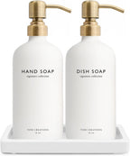 Vine Creations Glass Soap Dispenser Set, Kitchen Soap Dispenser Set with Ceramic Tray, 16 oz Dish Soap and Hand Soap Dispenser Set with Stainless Steel Pump Decor (White Bottle/Brushed Brass)