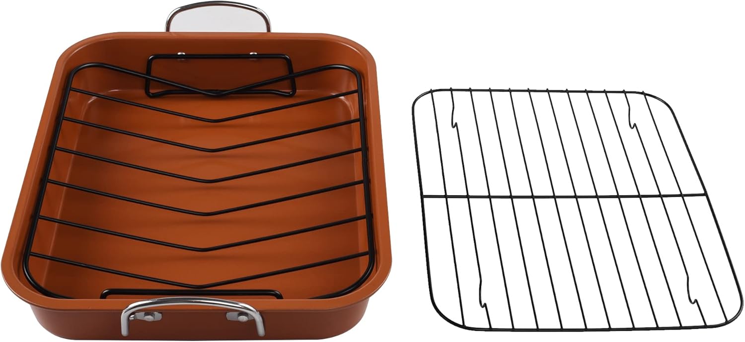 KitCom Nonstick Roasting Pan, Roaster with Cooling Rack and V-Rack - 16 Inch Rectangular Turkey Roaster Lasagna Pan for Easter, Thanksgiving & Christmas, Dishwasher Safe, Bronze