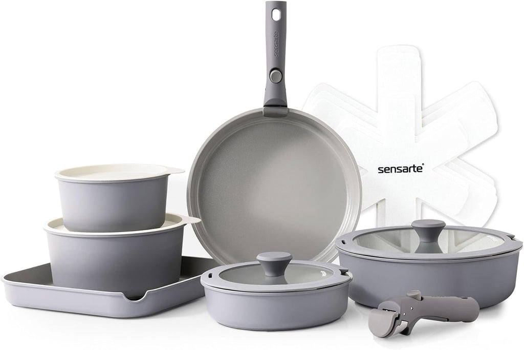 SENSARTE 17 Piece Ceramic Pots and Pans Set, Nonstick Detachable Handle Cookware, Induction Kitchen Cookware Set with Removable Handle, Dishwasher ＆ Oven Safe (Gray)