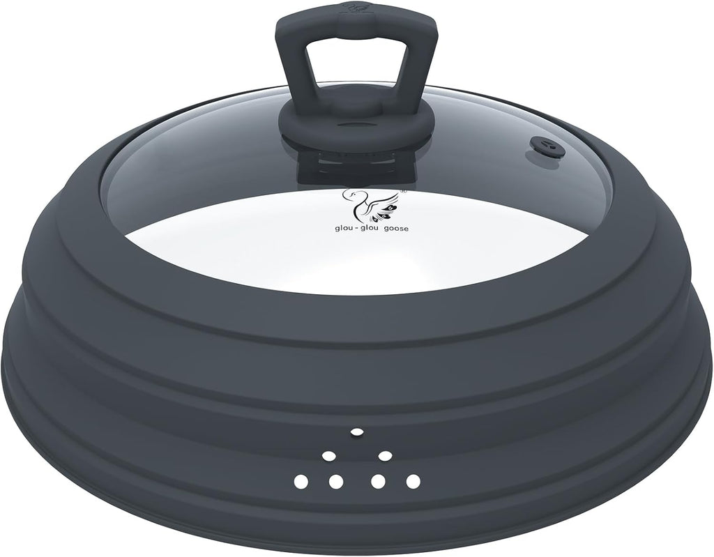 Microwave Splatter Cover Vented Glass Splatter Guard Lid with Collapsible Silicone for Food as Pot Cover Plate 10.8 inch for 6 7 8 9 10 inch Plate Bowl