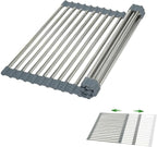 CHIRISEN Expandable Large Roll Up Dish Drying Rack, 18 Tubes 21.25x12.79'' Collapsible Over The Sink Rack, Non-Slip Silicone Rolling Dish Drainer Stainless Steel Rack for Kitchen Sink Counter (Gray)
