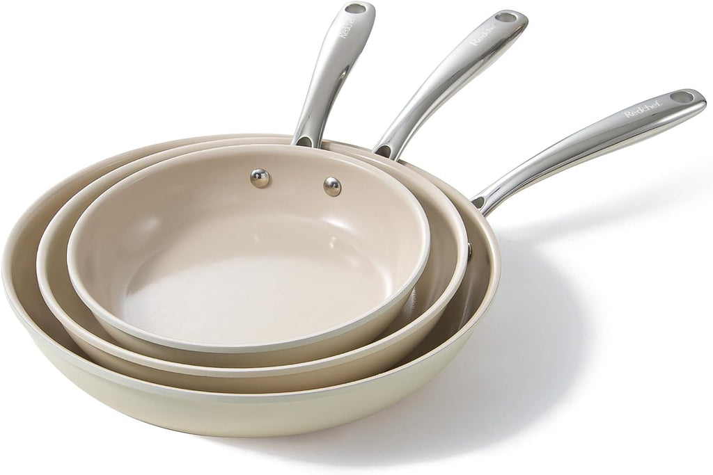 Redchef Nonstick Frying Pans Set, Ceramic Pan Skillet, Non Toxic Pans for Cooking, 8" 9.5" 11" Ceramic Frying Pan Set PFAS & PTFE & PFOA Free with Stay Cool Handle, Dishwasher & Oven Safe, Beige White