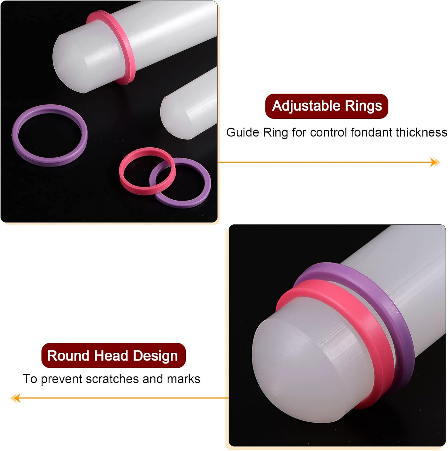 HARFINGTON 2pcs Fondant Rolling Pin with Rings PP 30cm x 2.5cm Non Stick for Baking White