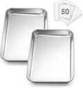 Small Baking Sheet Set of 2, E-far 9.4”x7.3” Toaster Oven Stainless Steel Cookies Sheet Pan with 50 Parchment Paper, Rectangle Mini Baking Tray for Cooking, Rust Free & Heavy Duty, Dishwasher Safe