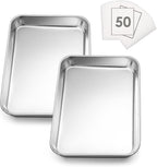 Small Baking Sheet Set of 2, E-far 9.4”x7.3” Toaster Oven Stainless Steel Cookies Sheet Pan with 50 Parchment Paper, Rectangle Mini Baking Tray for Cooking, Rust Free & Heavy Duty, Dishwasher Safe