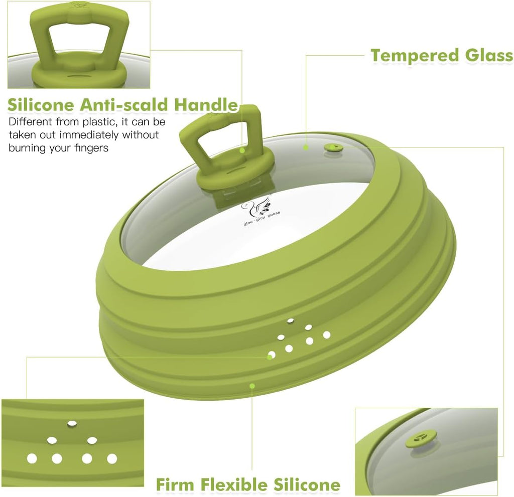 Microwave Splatter Cover Vented Glass Splatter Guard Lid with Collapsible Silicone for Food as Pot Cover 11.8 inch Large Plate for 6 7 8 9 10 11 inch Plate Bowl