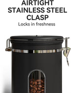 Veken Coffee Canister with Window,Airtight Stainless Steel Container,Home Kitchen Food Storage Organizers for Grounds,Beans,Espresso,Rice,Tea,Sugar,Flour, Cereal,Scoop,Bar Accessories,Gifts,22OZ,Black