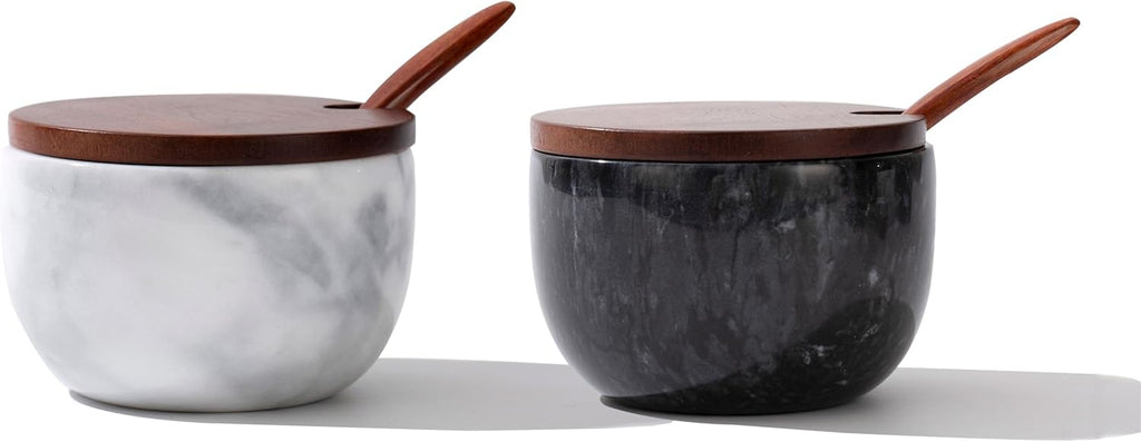 Marble Salt Cellar with Lid & Spoon, 11oz Salt and Pepper bowls, Handcrafted from Natural Marble, Smooth Inside ((white+black) bowl)