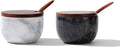 Marble Salt Cellar with Lid & Spoon, 11oz Salt and Pepper bowls, Handcrafted from Natural Marble, Smooth Inside ((white+black) bowl)