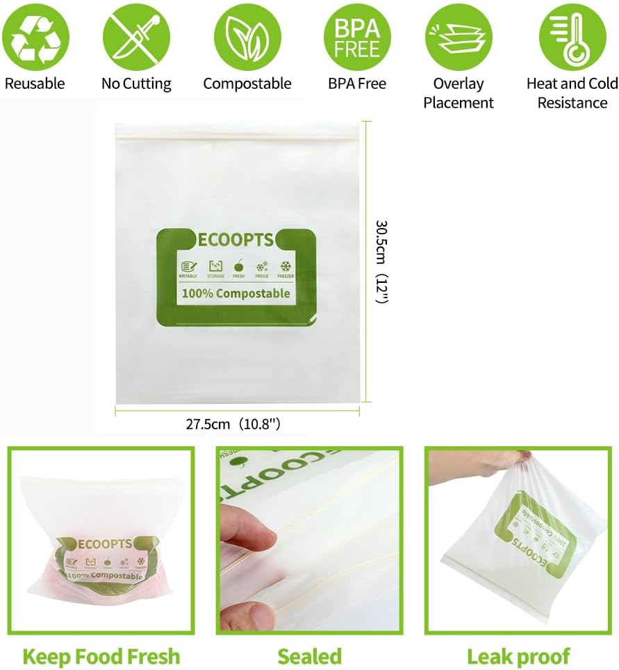 100% Compostable Large Sandwich Zip Bag | ECO-Friendly Food Storage Bags | Freezer Bag | Plant-Based BPA-free | Seal well for Fruit,Food and Snack (L-2Pack)