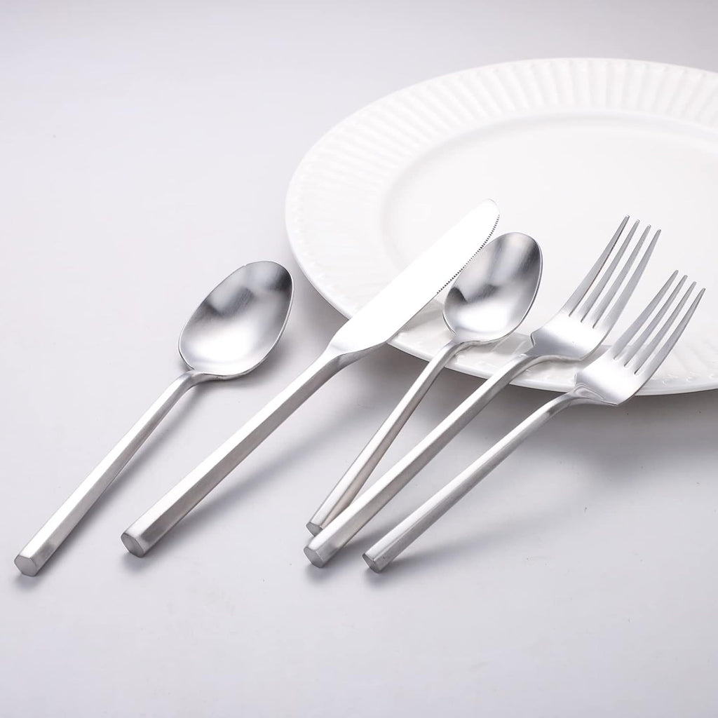 Matte Silverware Set Silver Flatware Set with Hexagon Handle 20 Pieces 18/0 Stainless Steel Cutlery Set Wedding Housewarming Gift Service for 4 (Matt silver)