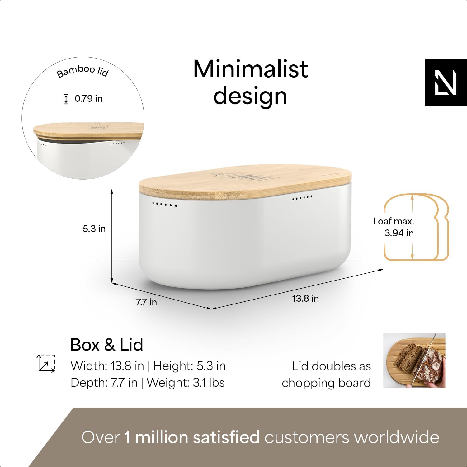 LARS NYSØM Bread Box I Metal Box with linen bag for long lasting freshness I Bread Bin with bamboo lid usable as cutting board I 14.2x7.5x5.1 In (Pure White)