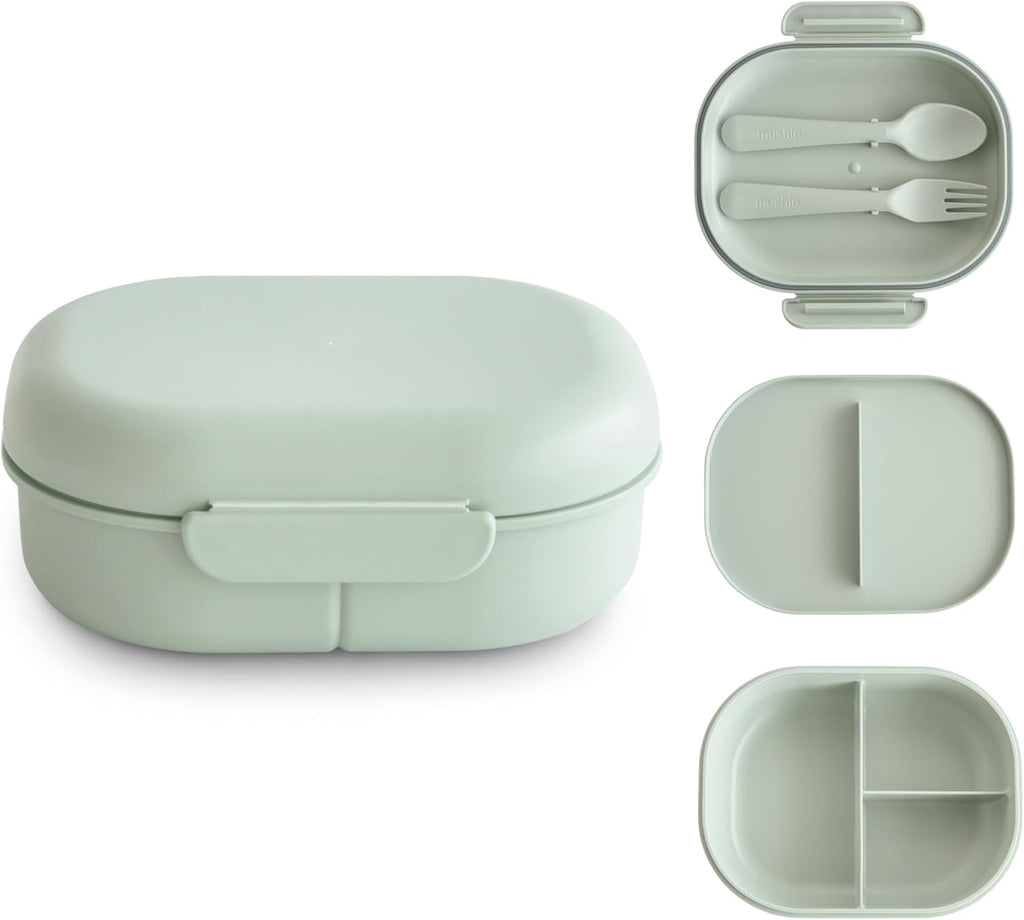 mushie Kids Bento Lunch Box | 3-Compartment & Removable Divider + Fork & Spoon Utensils | Great For Meals, School, Snacks On-the-Go | Dishwasher Safe (Sage)
