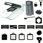 Vegetable Chopper Kit, Stainless Steel Blades, with Veggie Pusher, Grating & Pattern Cutting Blades, Catch Basin & Wash Basket, Safety Lock, Dishwasher Safe Kitchen Gadget (Black-White)