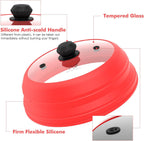 Microwave Splatter Cover Vented Glass Splatter Guard Lid with Collapsible Silicone for Food as Pot Cover Plate 10.8 inch for 6 7 8 9 10 inch Plate Bowl Red