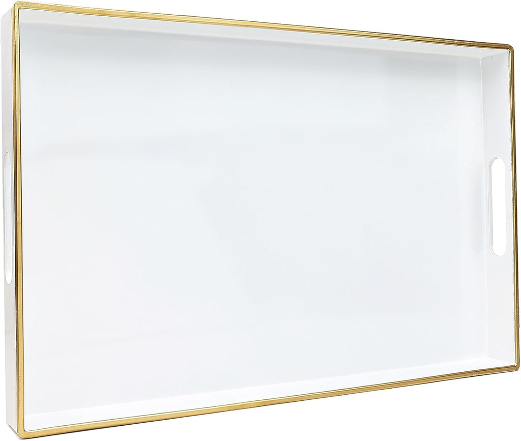 Spsyrine White Decorative Serving Tray with Handles, Elegant Plastic Coffee Table Tray for Ottoman, Living Room, Home Decor 15.6" X 10.2"