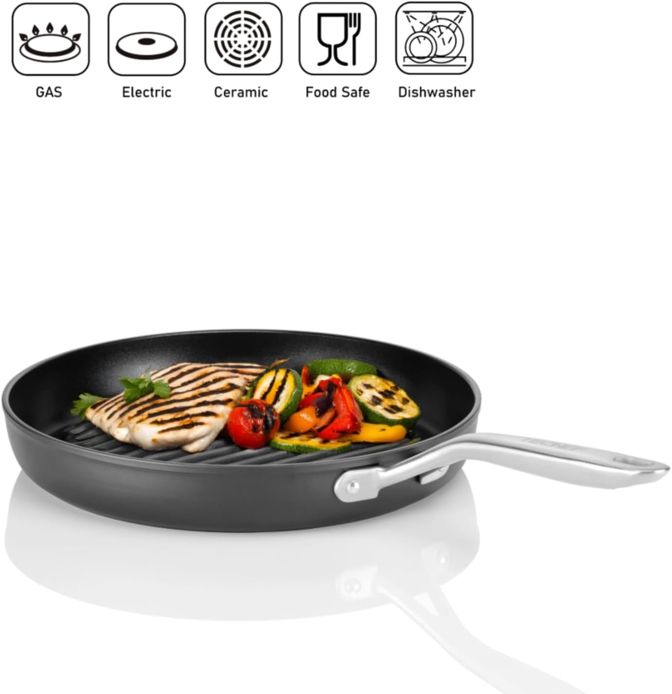 TECHEF - Onyx Collection, 12-inch Grill Pan For Stove Top, Nonstick Grill Pan For indoor cooking, PFOA-Free, Heavy-Duty Aluminum, Made In Korea (No Induction)