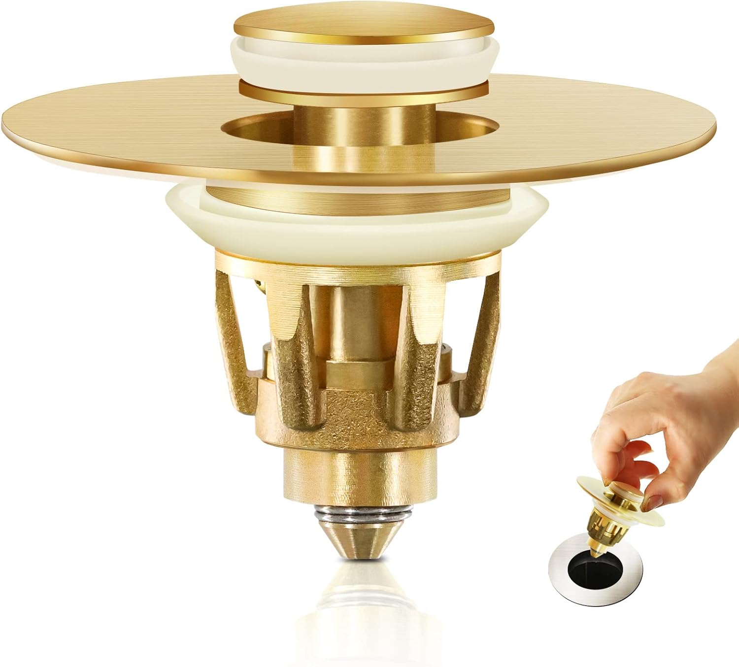 Gold Bathroom Sink Stopper，Pop Up Drain Stopper for Bathroom Sink，‎2-in-1 Sink Stopper & Strainer,Universal Wash Basin Sink Stopper，Suitable for 1.1"~1.5" Bathroom Sink Drain Pipe（Gold Matte Brushed）