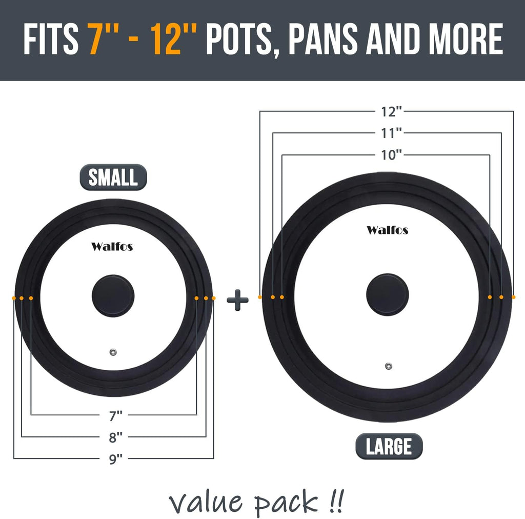 Walfos Universal Lid, Tempered Pan Lid with Heat Resistant Silicone Rim, Fits All 7" to 12" Diameter Cookware, Pots, Pans and Skillets (2Pk)