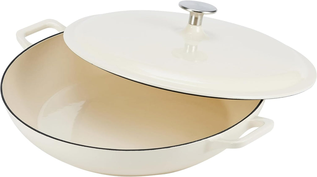 Amazon Basics Enameled Cast Iron Covered Round Casserole Skillet with Lid for Oven, 3.3-Quart, White