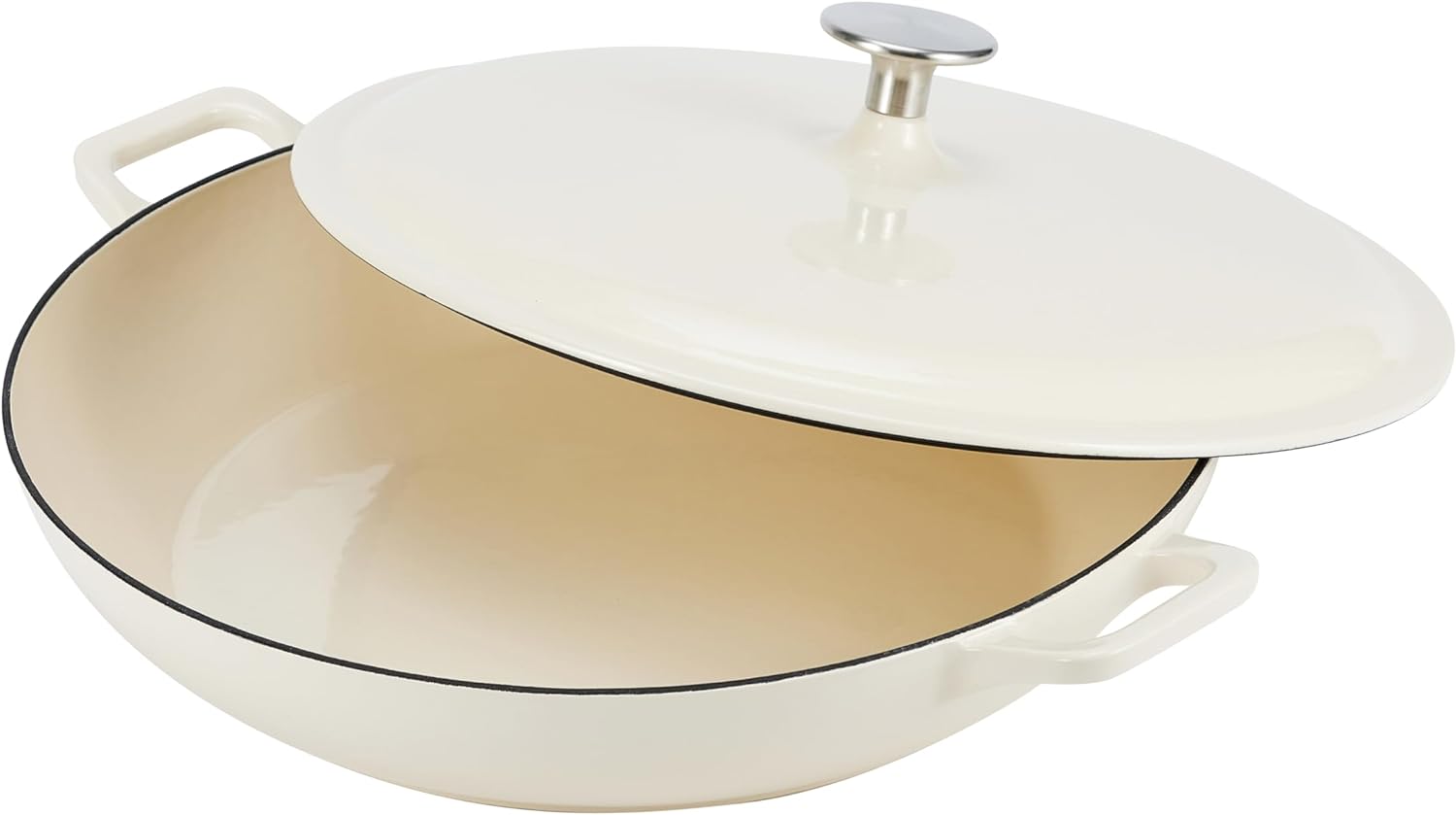 Amazon Basics Enameled Cast Iron Covered Round Casserole Skillet with Lid for Oven, 3.3-Quart, White