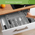 Purawood Bamboo Drawer Organizer - Expandable Silverware Organizer & Utensil Organizer, Cutlery Tray with Dividers, 7-9 Slots - Premium Kitchen Drawer Organizer for Utensils & Flatware (Grey)