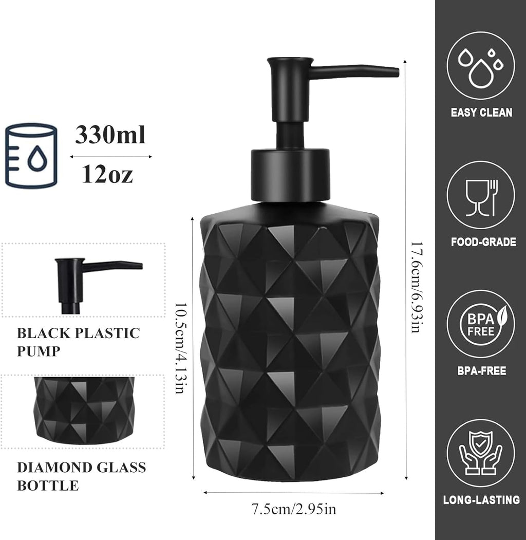 12Oz Small Glass Soap Dispenser with Black Plastic Pump, Black Refillable Kitchen Countertop Liquid Hand Soap Dispensers with Diamond Design, Crystal Bathroom Lotion Bottle for Dispense Dish Soap