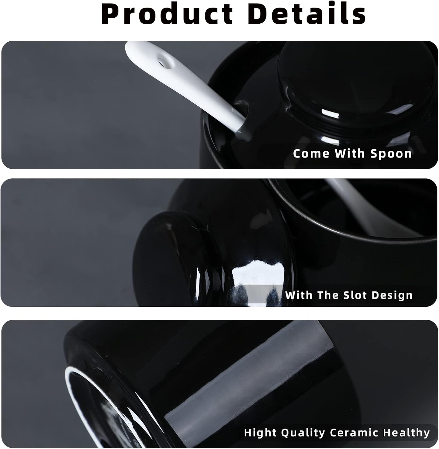 ONTUBE Ceramic Sugar Bowl with Lid and Spoon Set of 2,Porcelain Seasoning Box Salt Bowl with Tray,8oz (Black)
