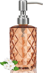 12Oz Amber Glass Soap Dispenser with Stainless Steel Pump, Refillable Kitchen Liquid Hand Soap Dispenser with Diamond Design, for Dispense Hand soap, Dish Soap, Lotion, Bathroom, Countertop, Hotel