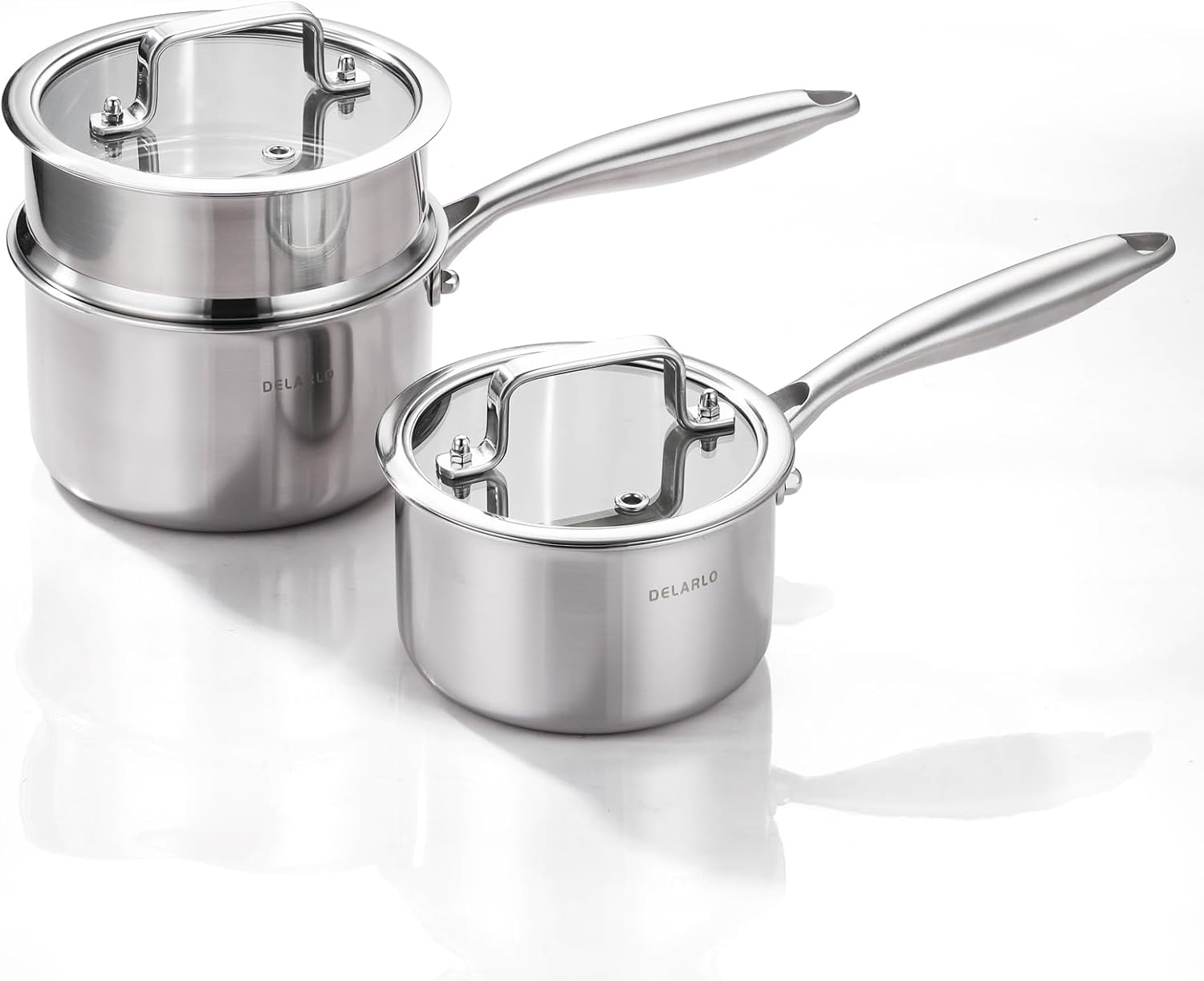 DELARLO Sauce Pan Sets, Compatible with All Cooktops 600℉, Full Clad Triply Stainless Steel Saucepan, 1QT Pot & 2 QT Pot with Steamer (Lids 300℉)